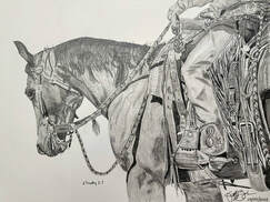 Pencil drawing of horse and rider by Jeff Baber