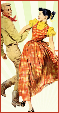 Old fashioned graphic of man and woman square dancing with smiles on the faces