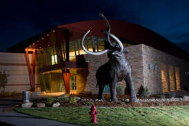 Photo of bronze mammoth and Washakie Museum building at night