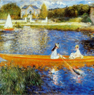 Impressionist painting with two children sitting in a wooden canoe on a lake