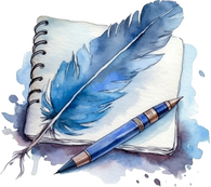 Blue feather and pen resting on an open journal with watercolor ink splatter behind it.