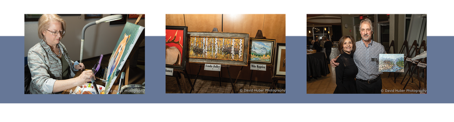 Three photos from past Quick Draws: an artist painting, artwork on display, and an artist holding a painting