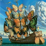 Surrealist artwork of a large ship with butterfly sails