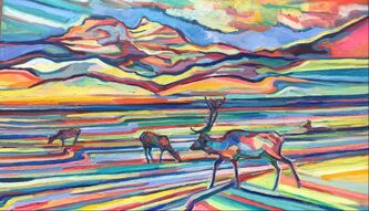 Vibrant, colorful landscape painting of mountains and elk 
