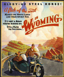 Vintage Wyoming postcard with graphic of two people driving on the open road in a motorcycle with sidecar