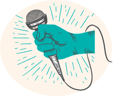 Graphic of teal colored hand holding a gray microphone