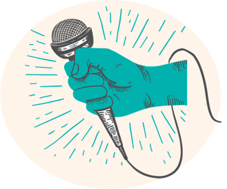 Graphic of teal colored hand holding a gray microphone