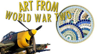 Art Camp logo. Image of World War Two airplane and an image of blue mosaic artwork.